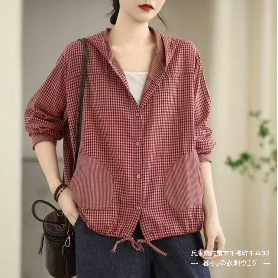 【レディース】綿100%ダブルガーゼフード付オーバーシャツ 千種町暮らしの衣料ウエダ