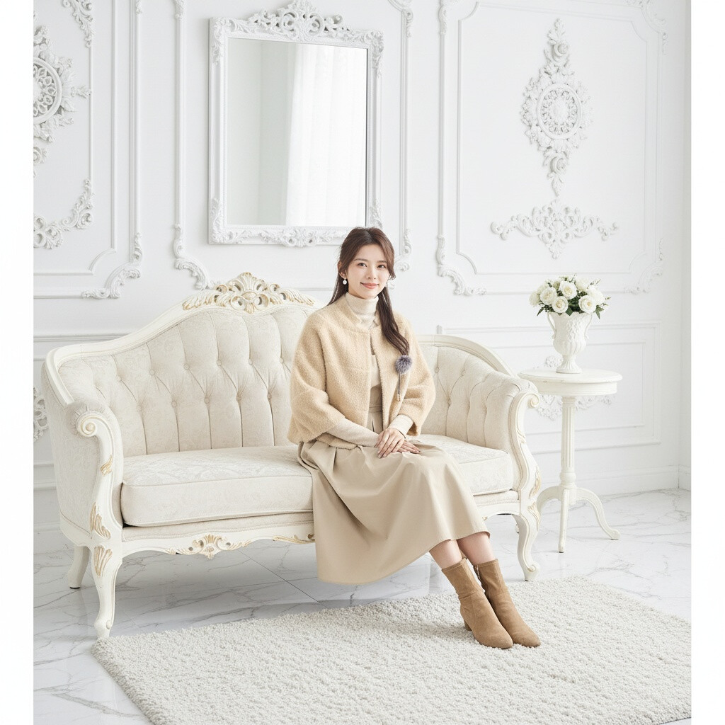 【レディース】コサージュ付きふわふわニットショートコート