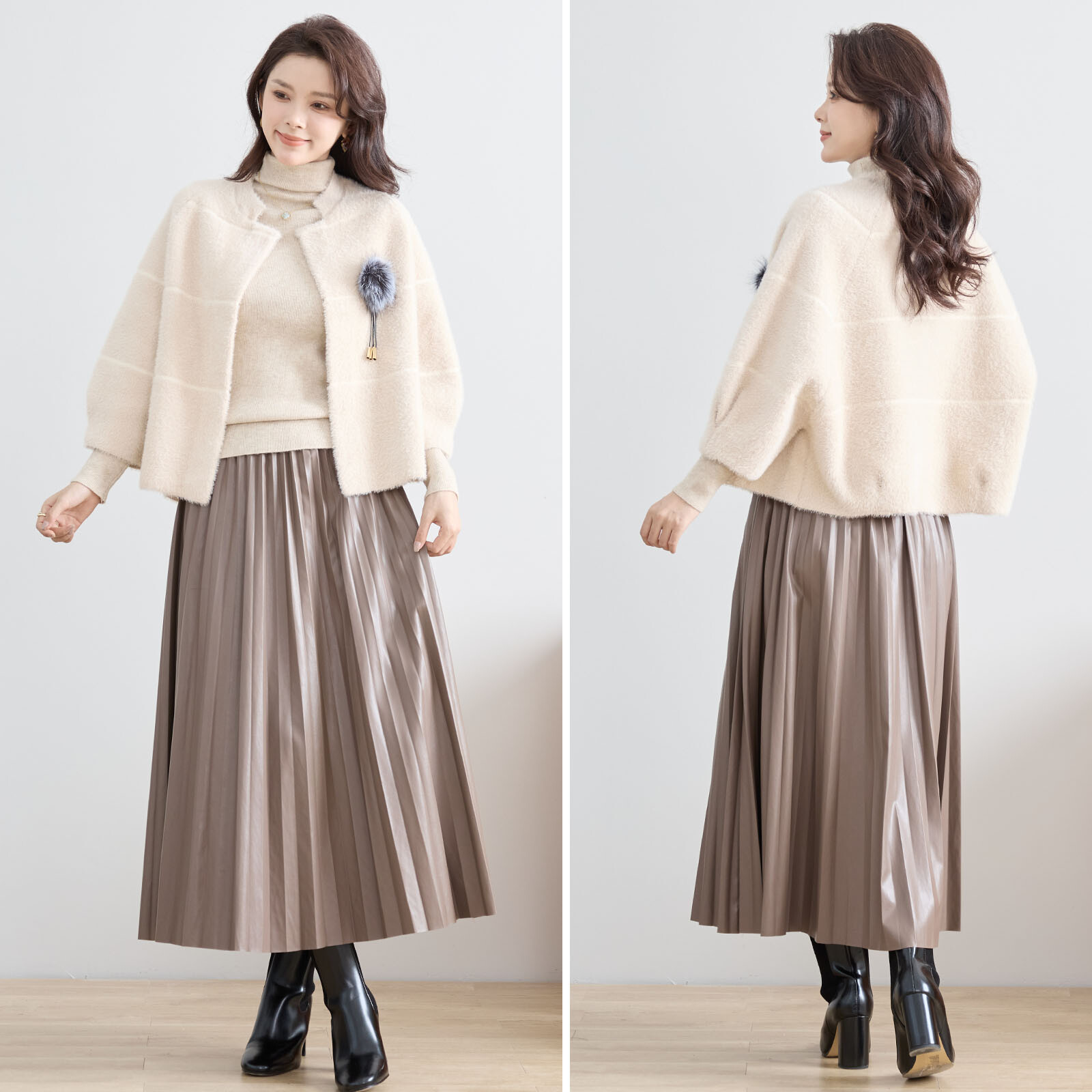 【レディース】コサージュ付きふわふわニットショートコート