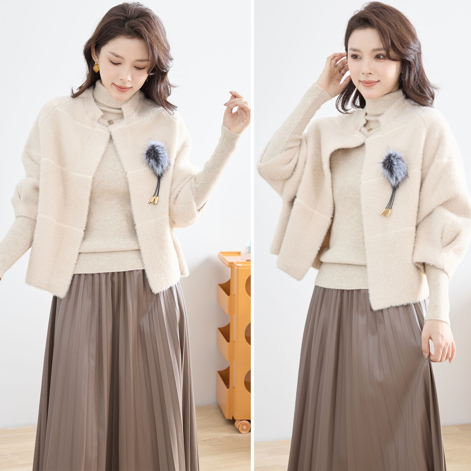 【レディース】コサージュ付きふわふわニットショートコート