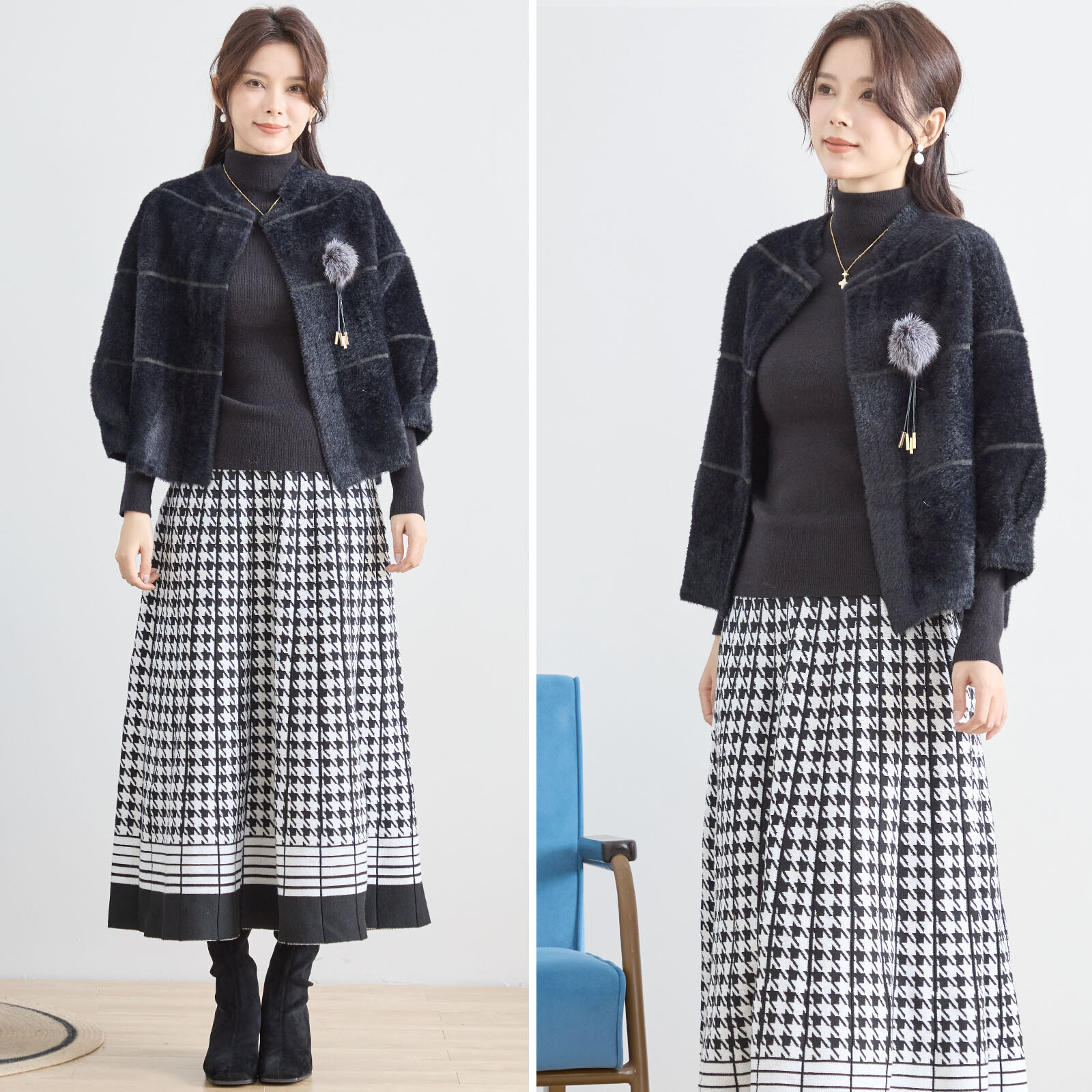 【レディース】コサージュ付きふわふわニットショートコート