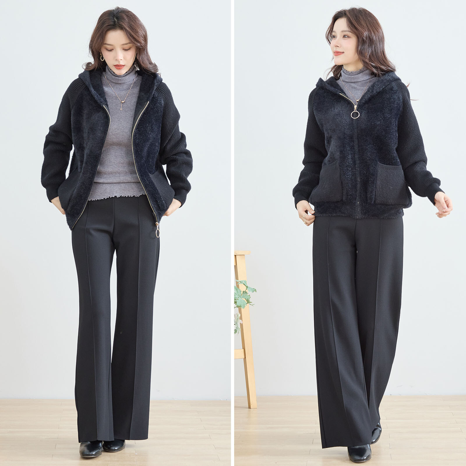 【レディース】リブ袖前ファスナーフード付きジャケット