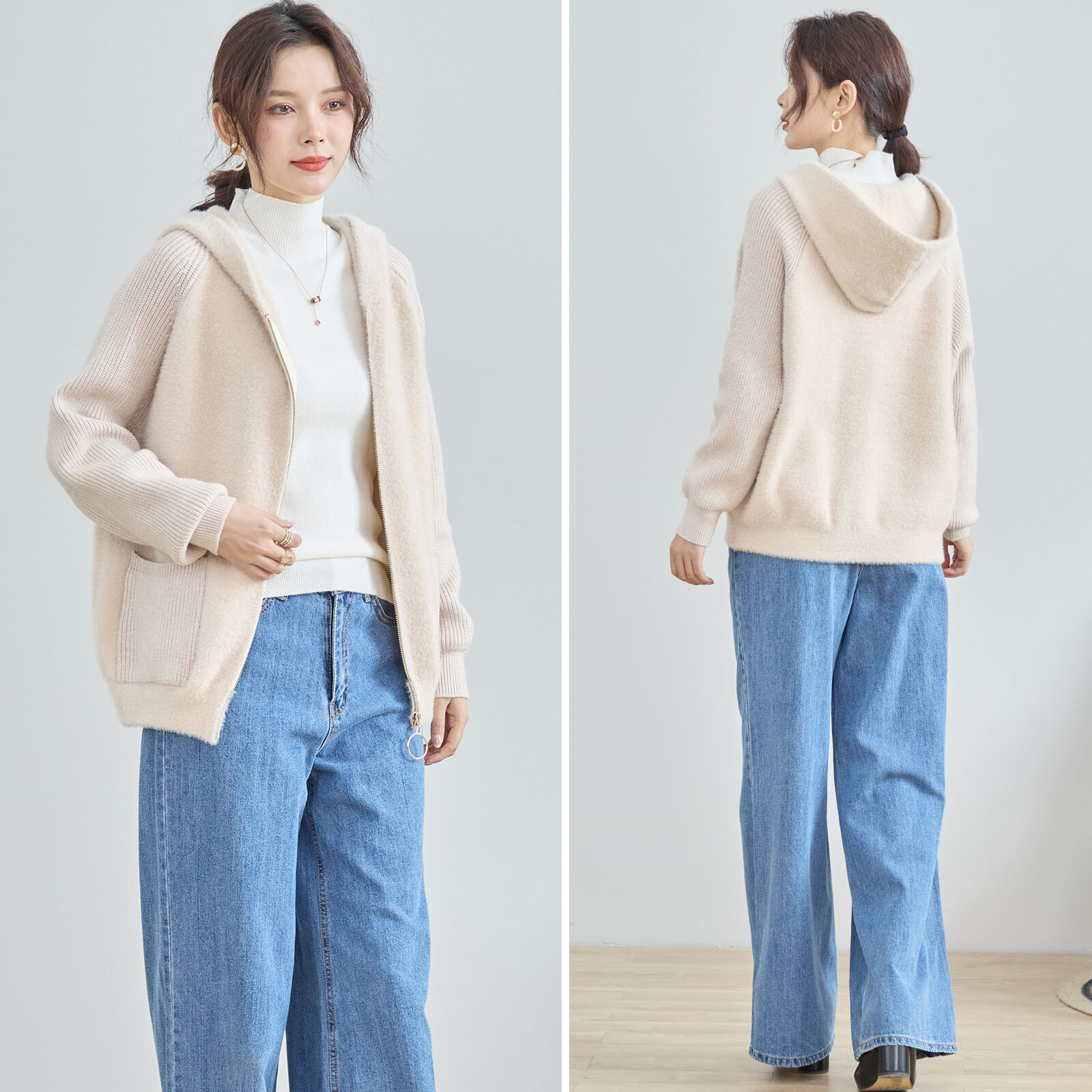 【レディース】リブ袖前ファスナーフード付きジャケット