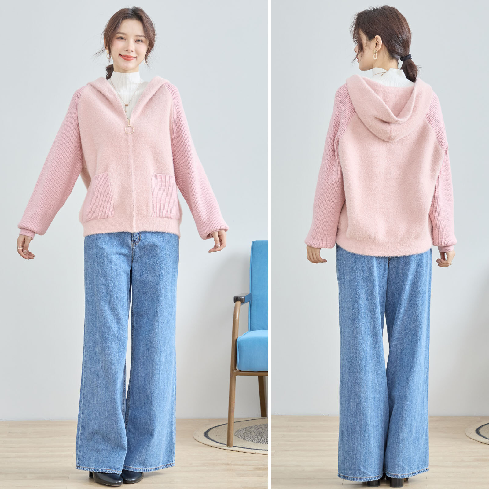 【レディース】リブ袖前ファスナーフード付きジャケット