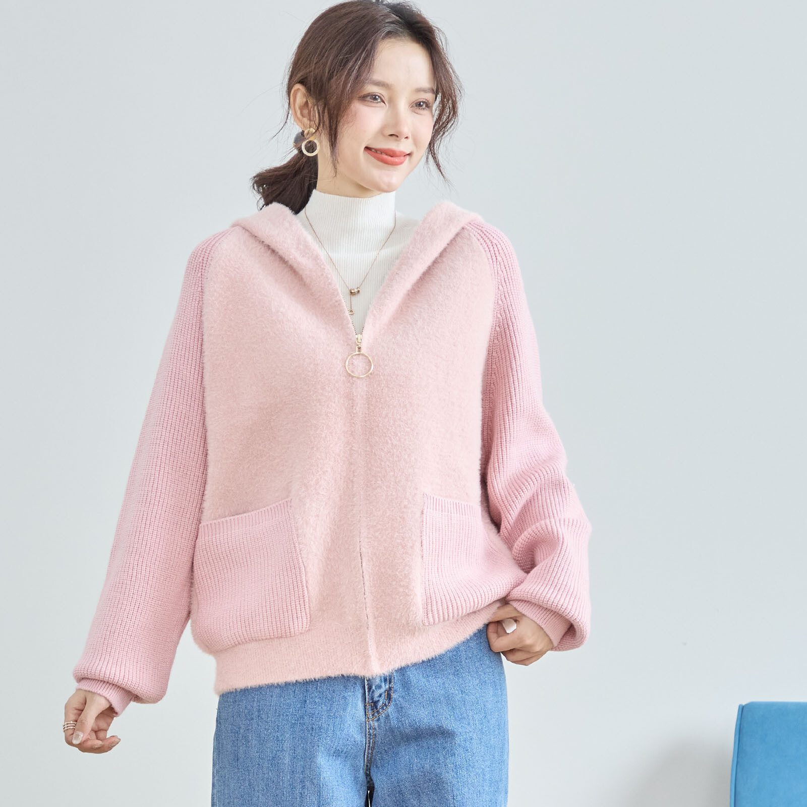 【レディース】リブ袖前ファスナーフード付きジャケット