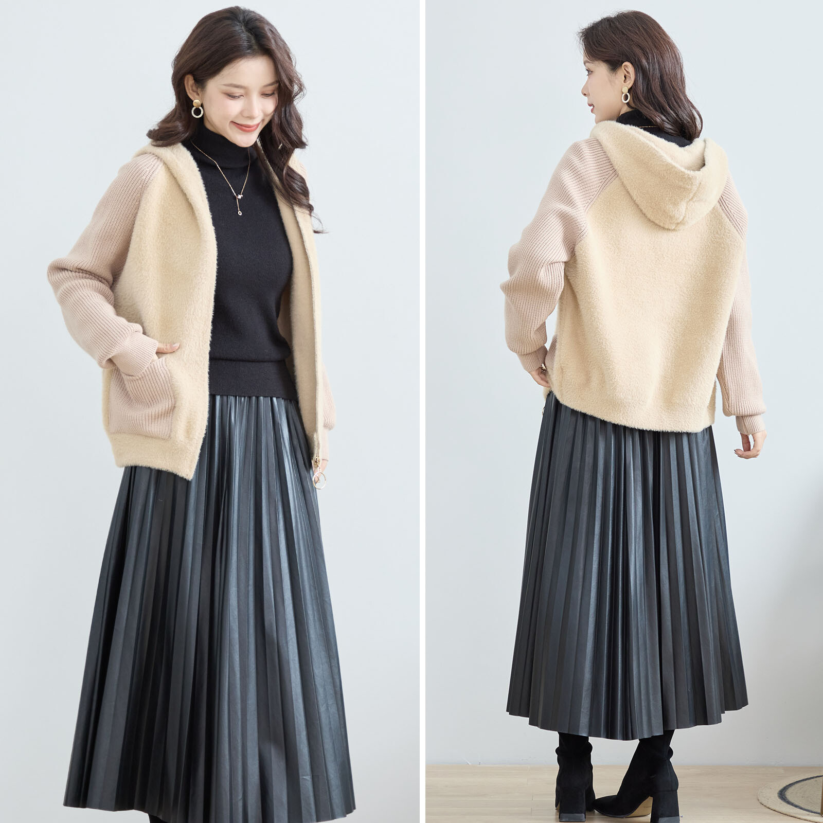 【レディース】リブ袖前ファスナーフード付きジャケット