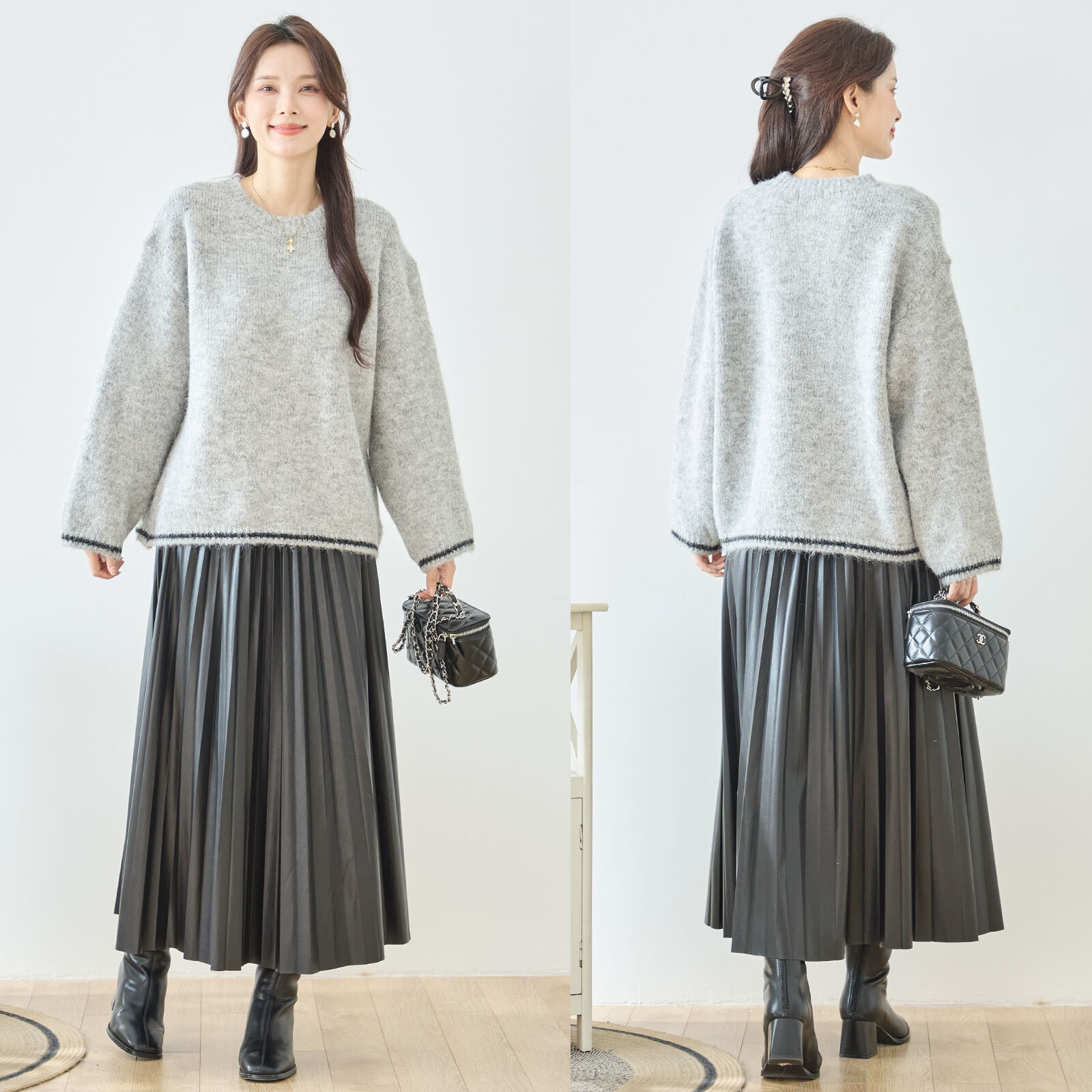 【レディース】【L~LL】裾、袖ライン入りゆったりセーター