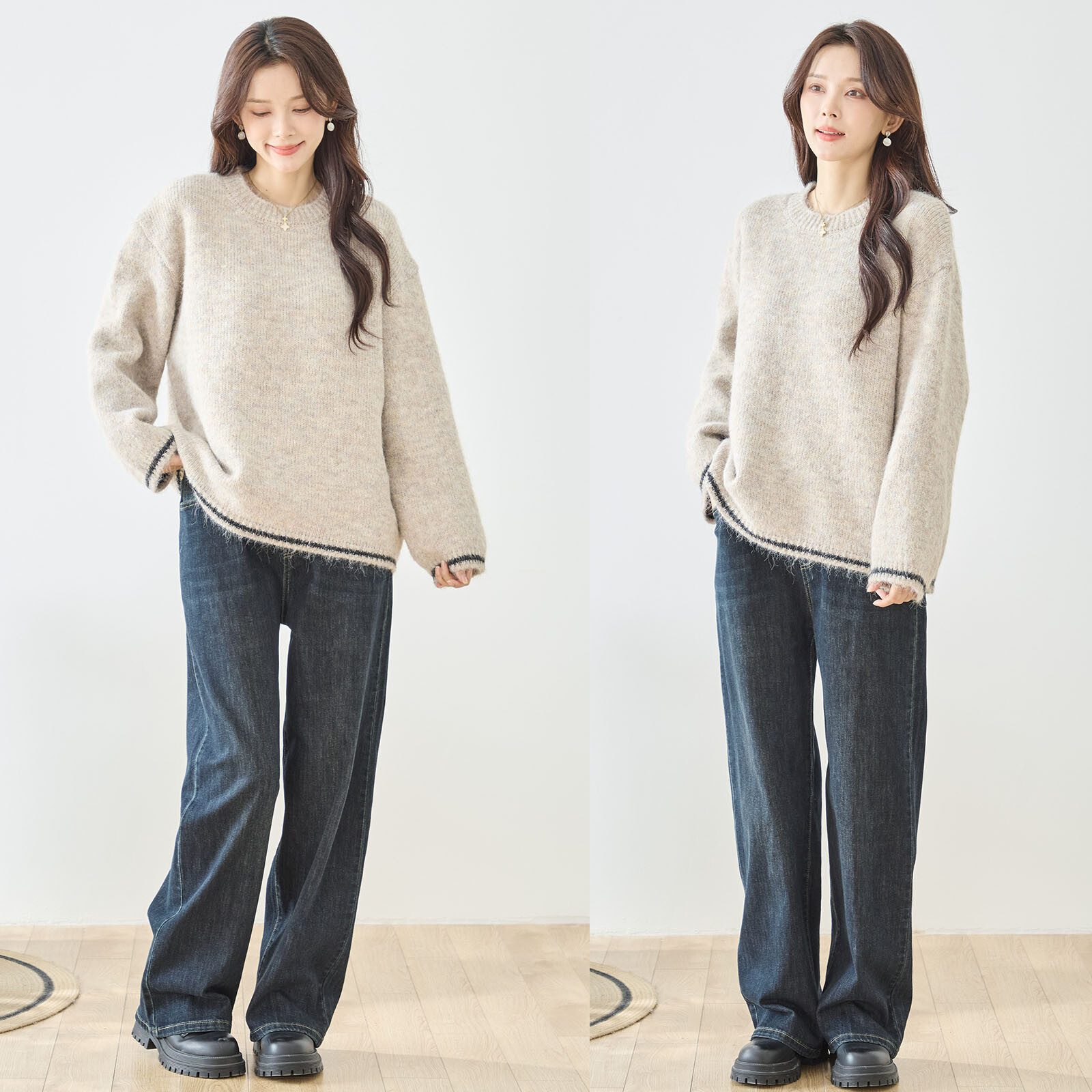 【レディース】【L~LL】裾、袖ライン入りゆったりセーター