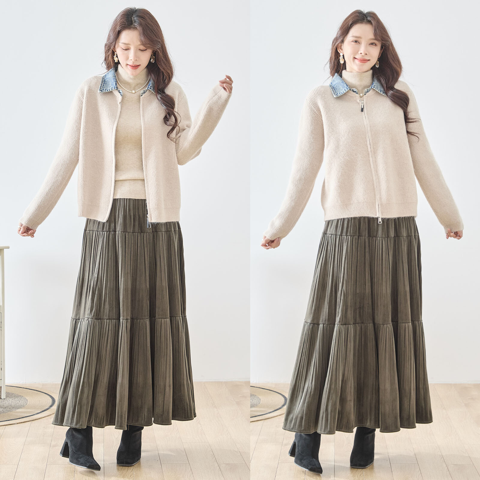 レディース】デニム衿前ファスナーニットカーデ