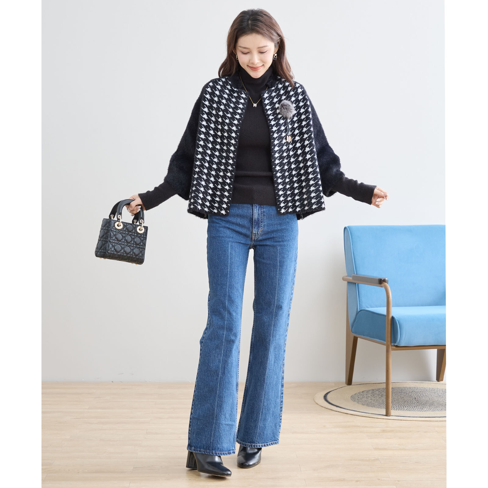 【レディース】千鳥柄ファー使いニットショートジャケット