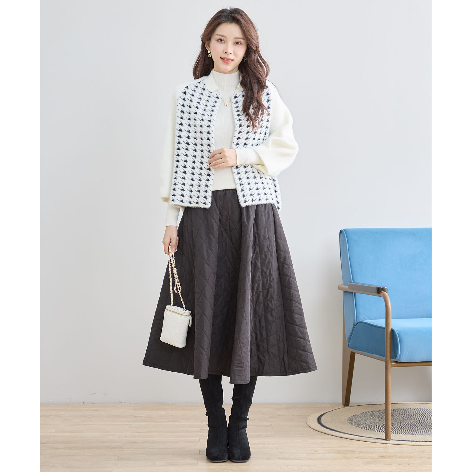 【レディース】千鳥柄ファー使いニットショートジャケット