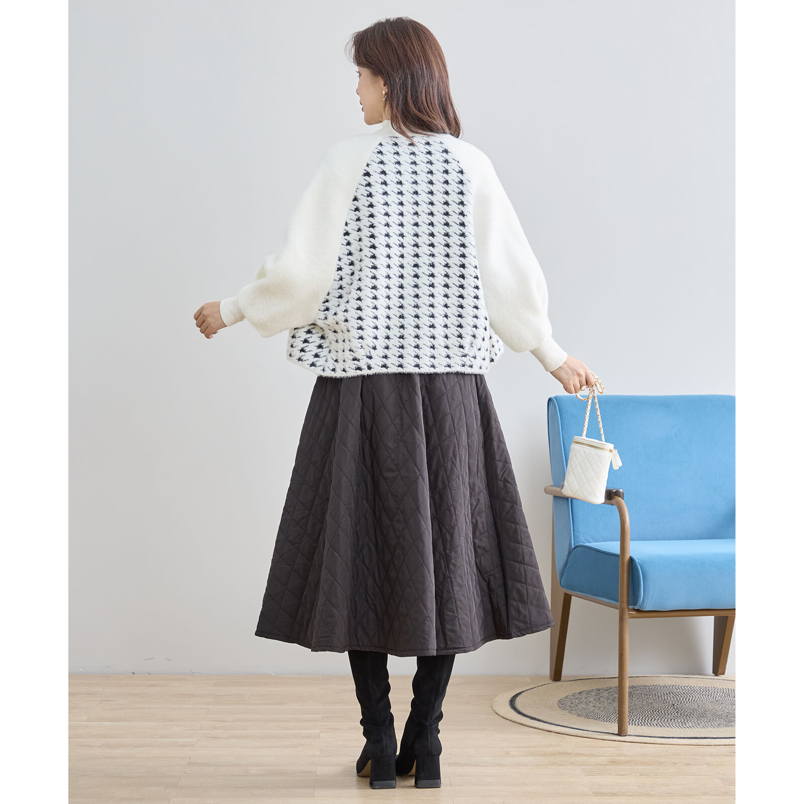 【レディース】千鳥柄ファー使いニットショートジャケット
