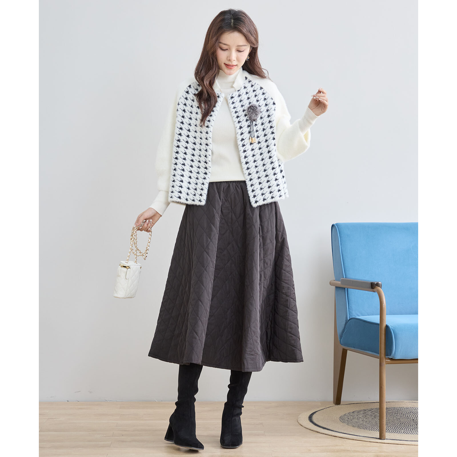 【レディース】千鳥柄ファー使いニットショートジャケット