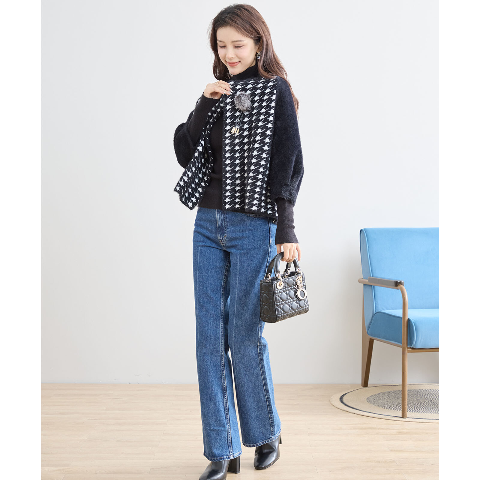 【レディース】千鳥柄ファー使いニットショートジャケット