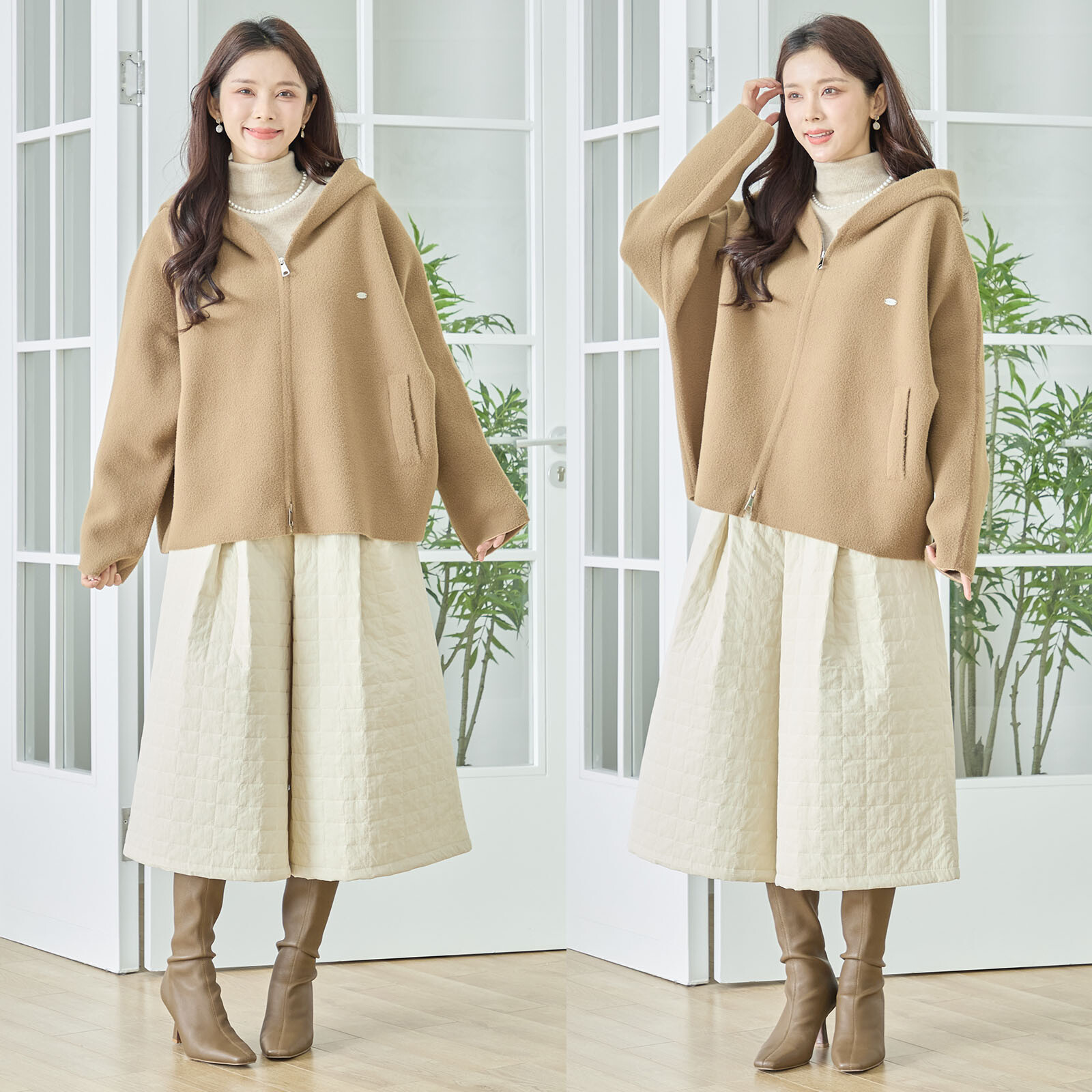 レディース】圧縮ニットワンポイントプレートフードブルゾン