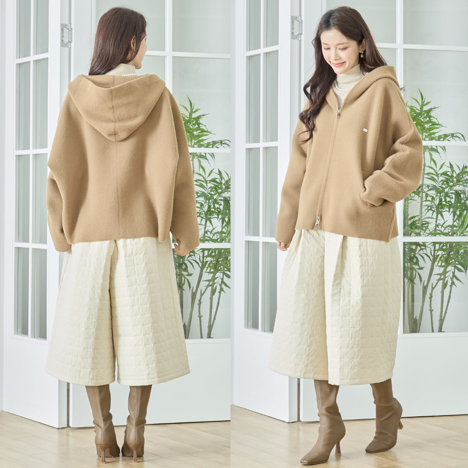 レディース】圧縮ニットワンポイントプレートフードブルゾン