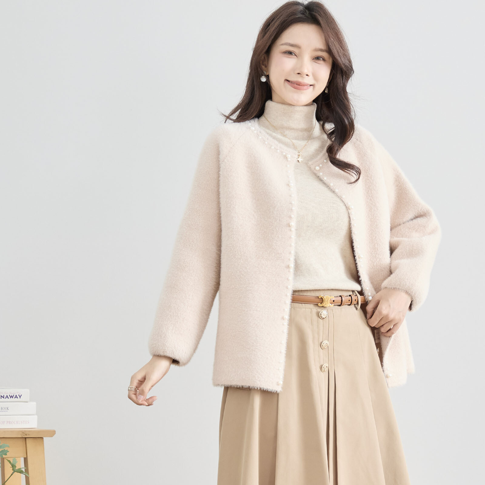 パール付きシャギーニットジャケット