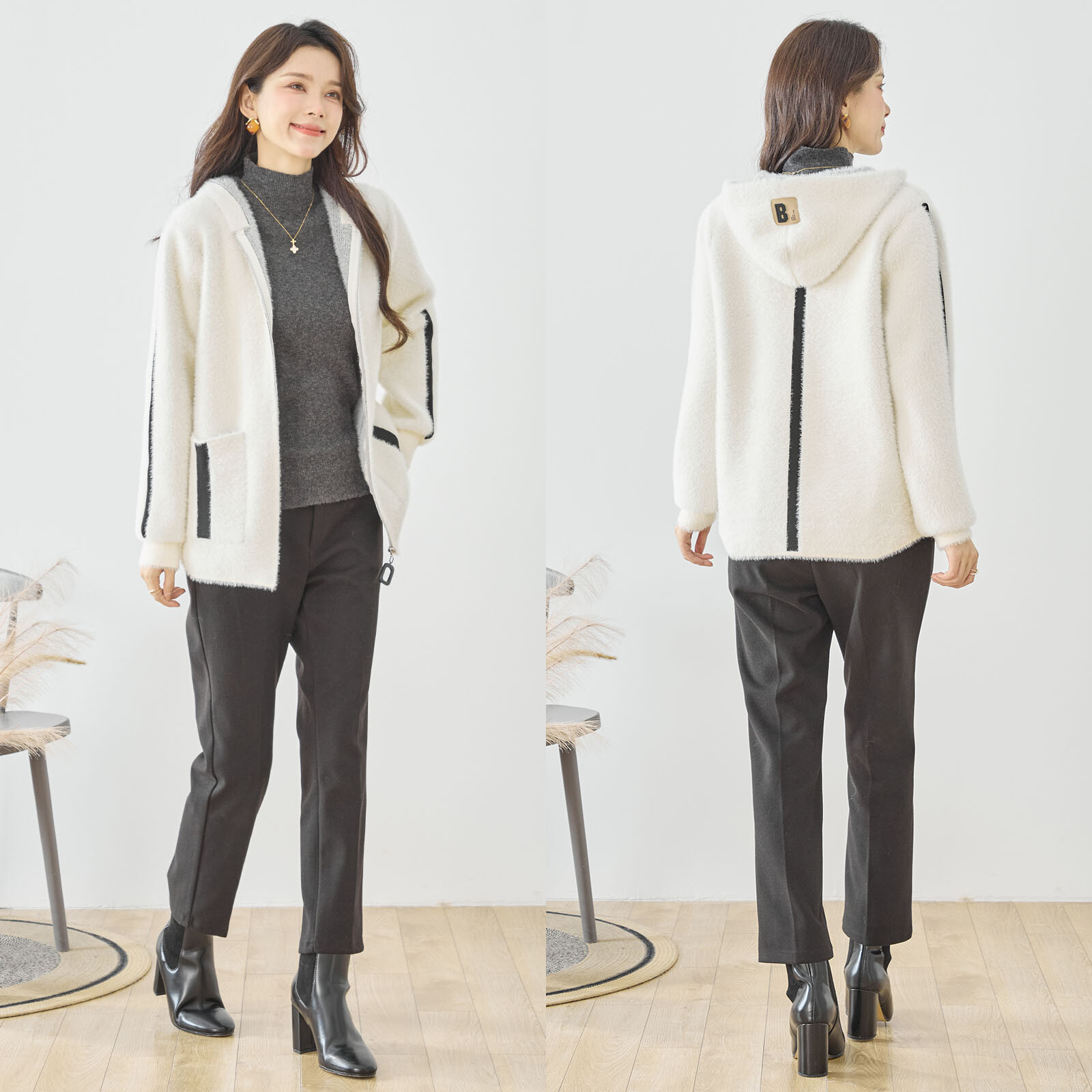 【レディース】ライン&ワッペン使いフード付きジャケット