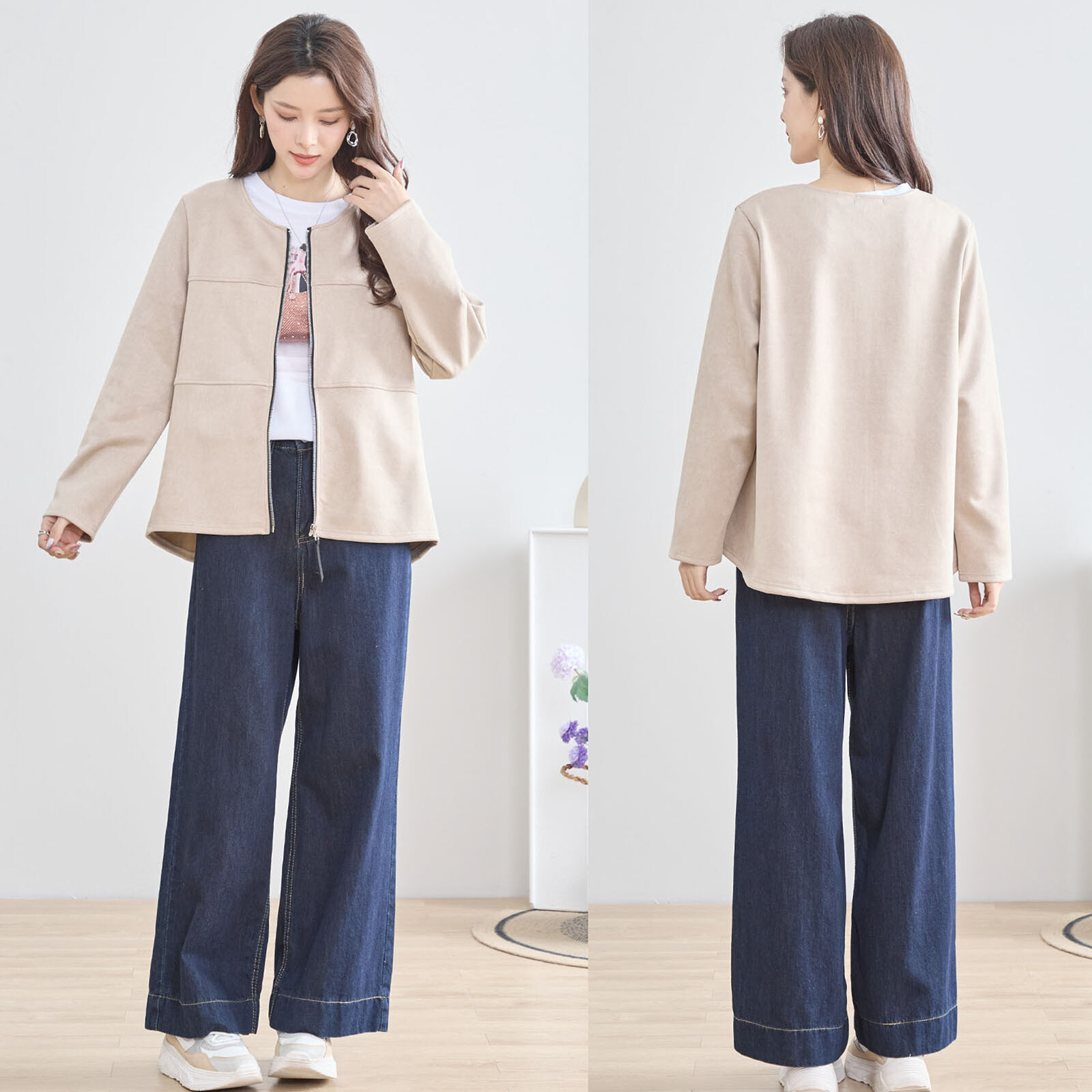 【レディース】【L〜LL】フェイクスエードノーカラージャケット