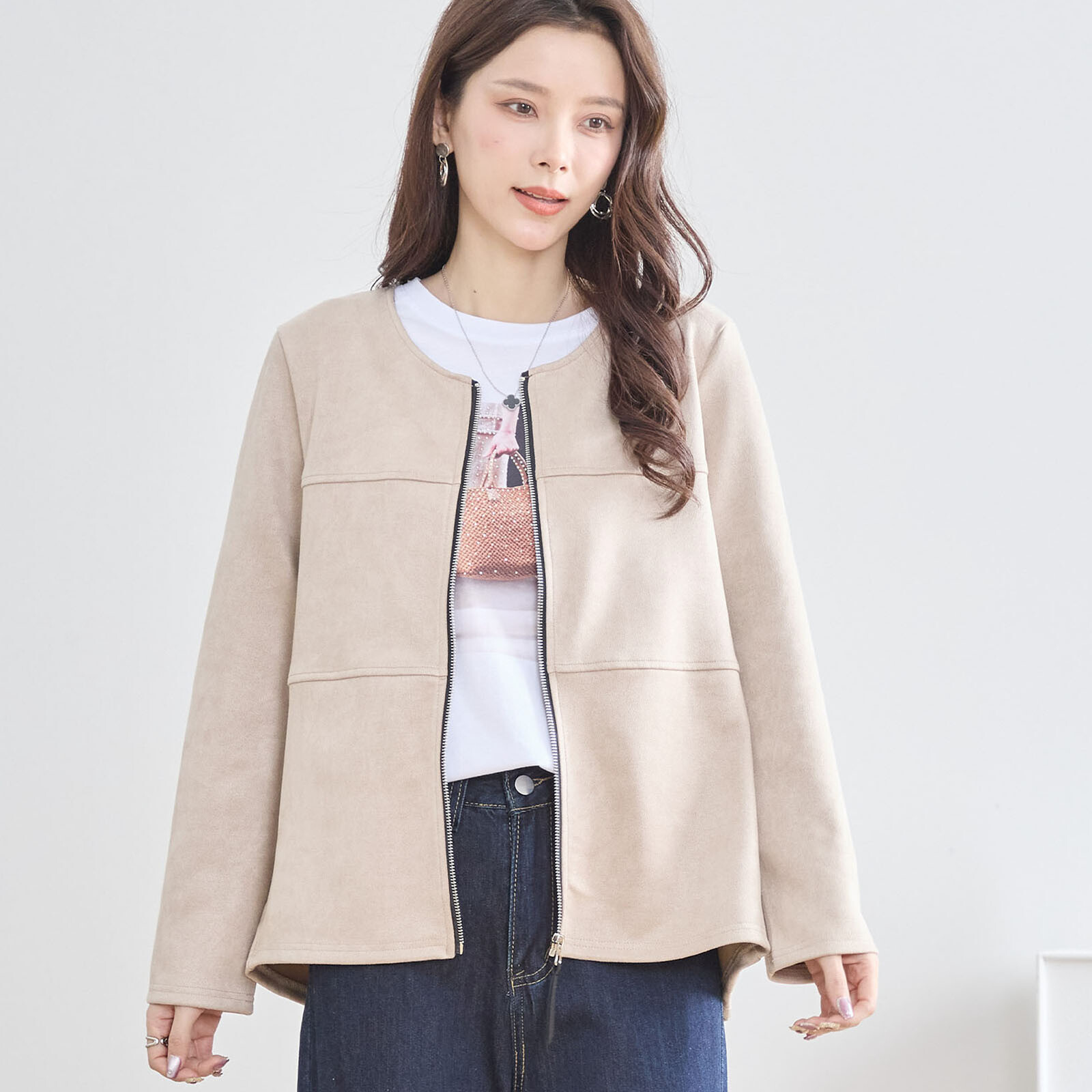 【レディース】【L〜LL】フェイクスエードノーカラージャケット