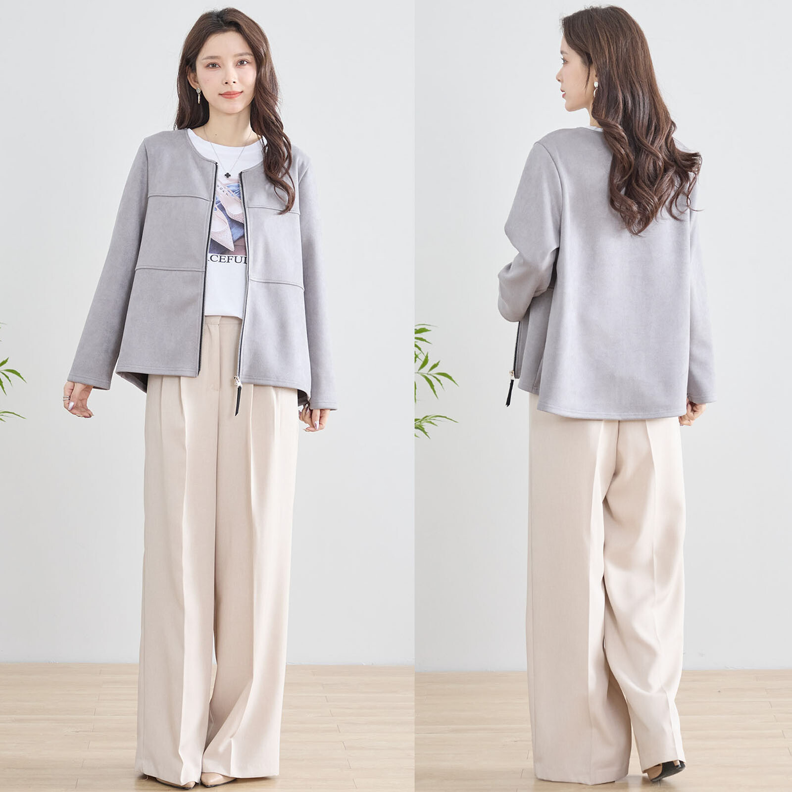 【レディース】【L〜LL】フェイクスエードノーカラージャケット