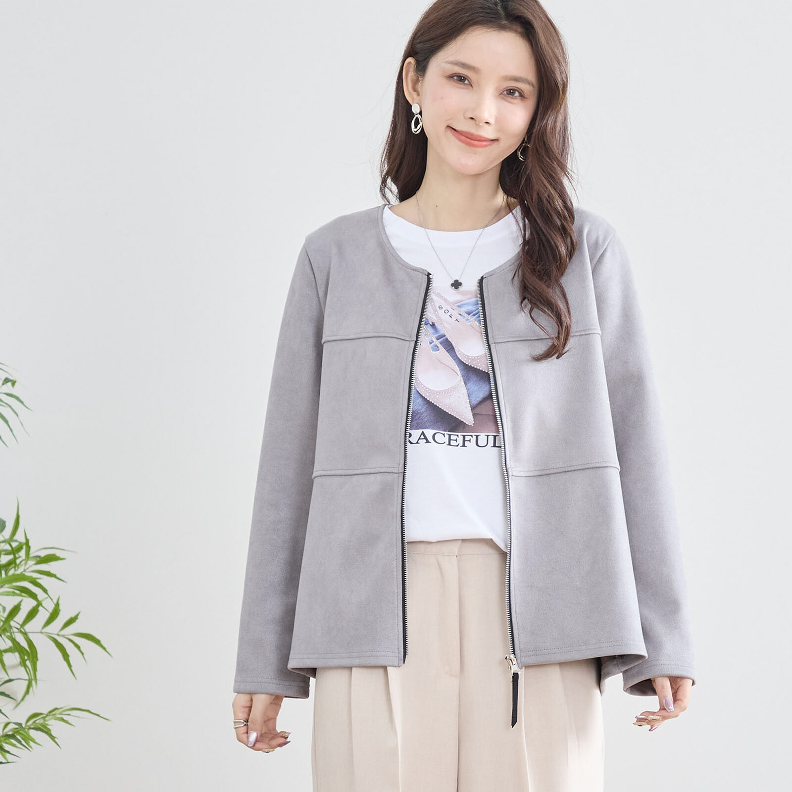 【レディース】【L〜LL】フェイクスエードノーカラージャケット