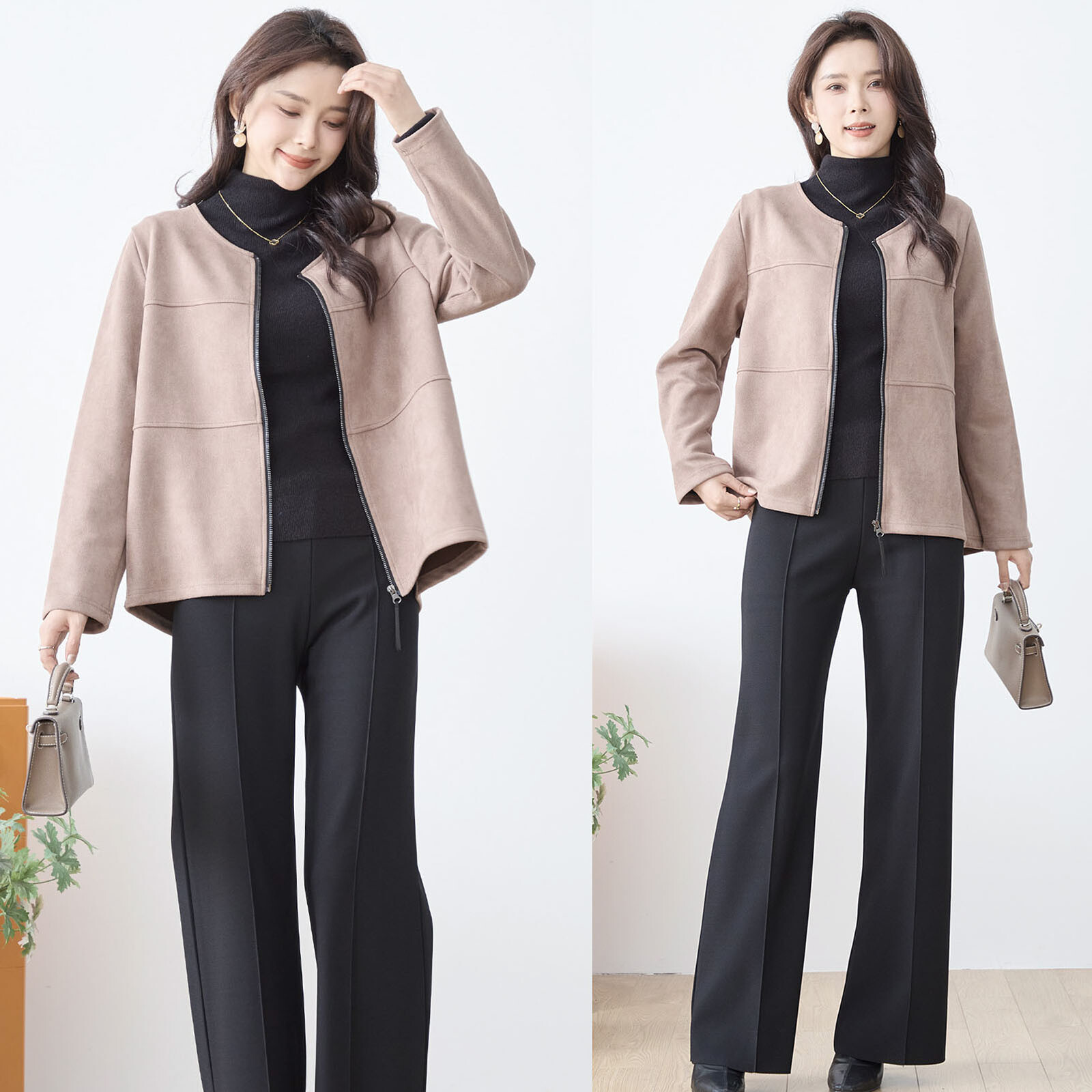 【レディース】【L〜LL】フェイクスエードノーカラージャケット