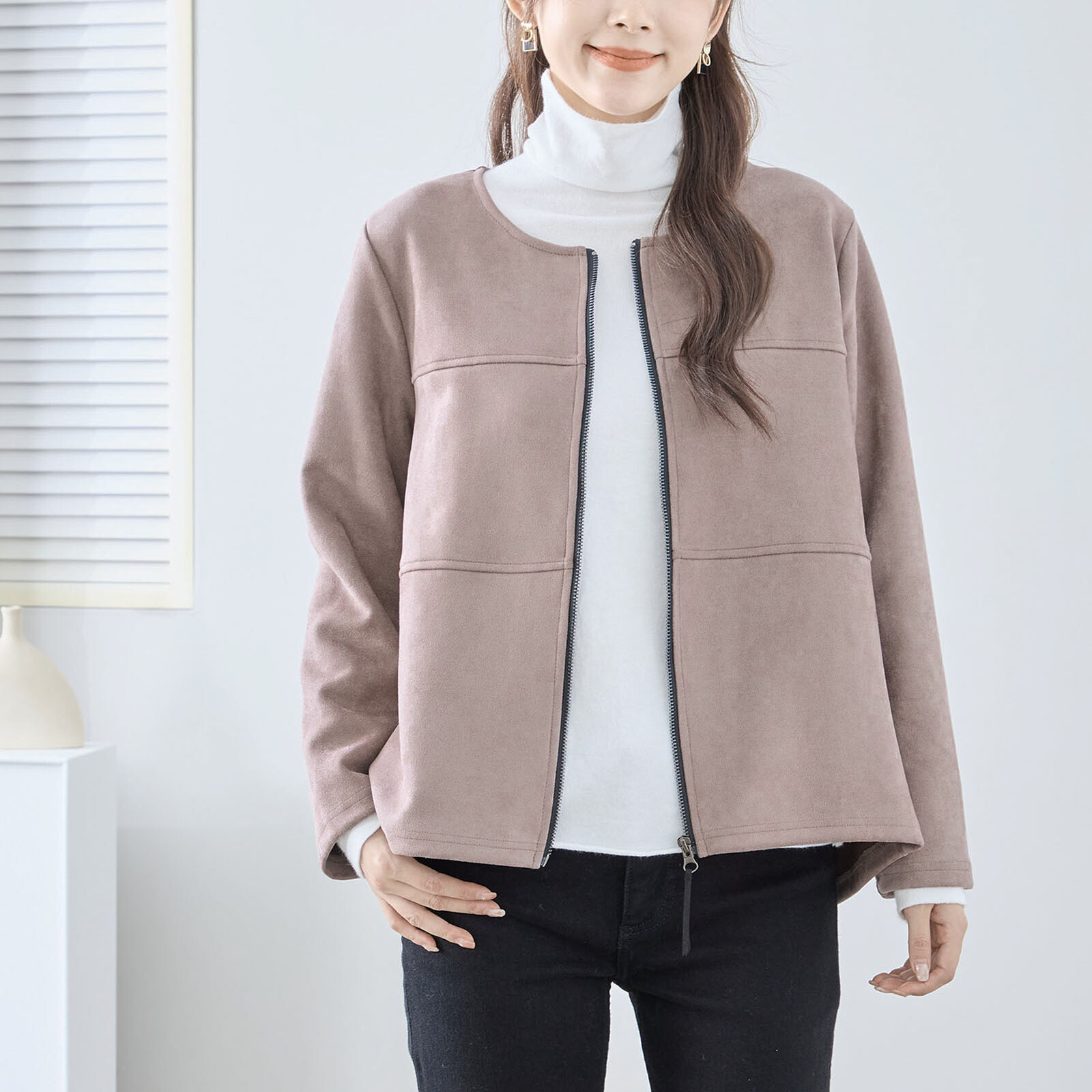 【レディース】【L〜LL】フェイクスエードノーカラージャケット