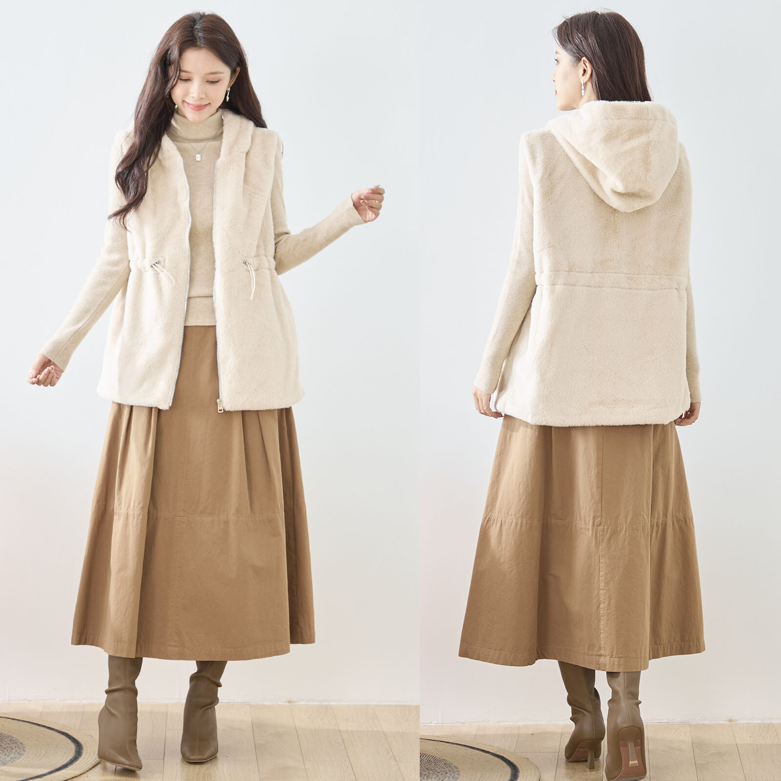 【レディース】フード付きファーベスト