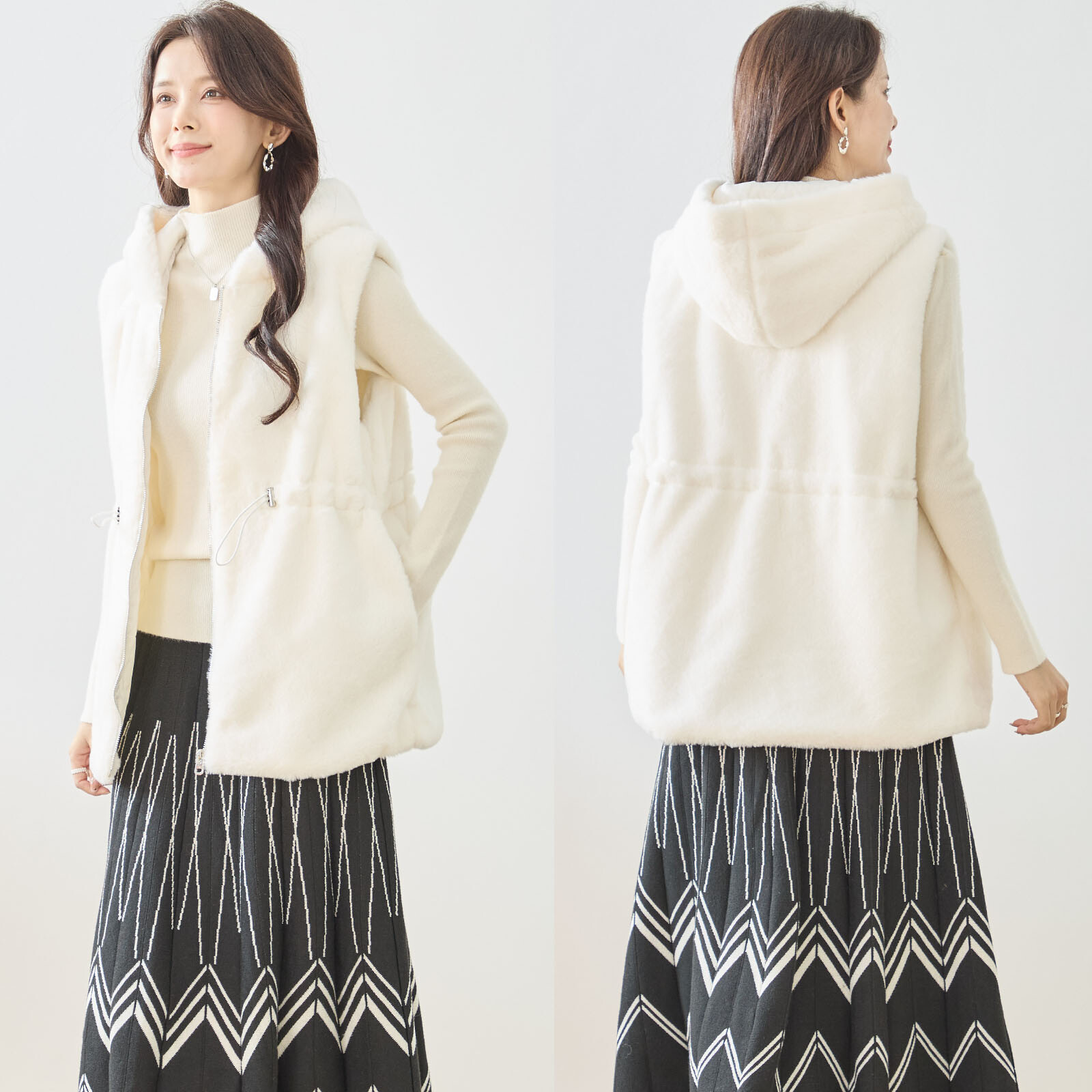 【レディース】フード付きファーベスト