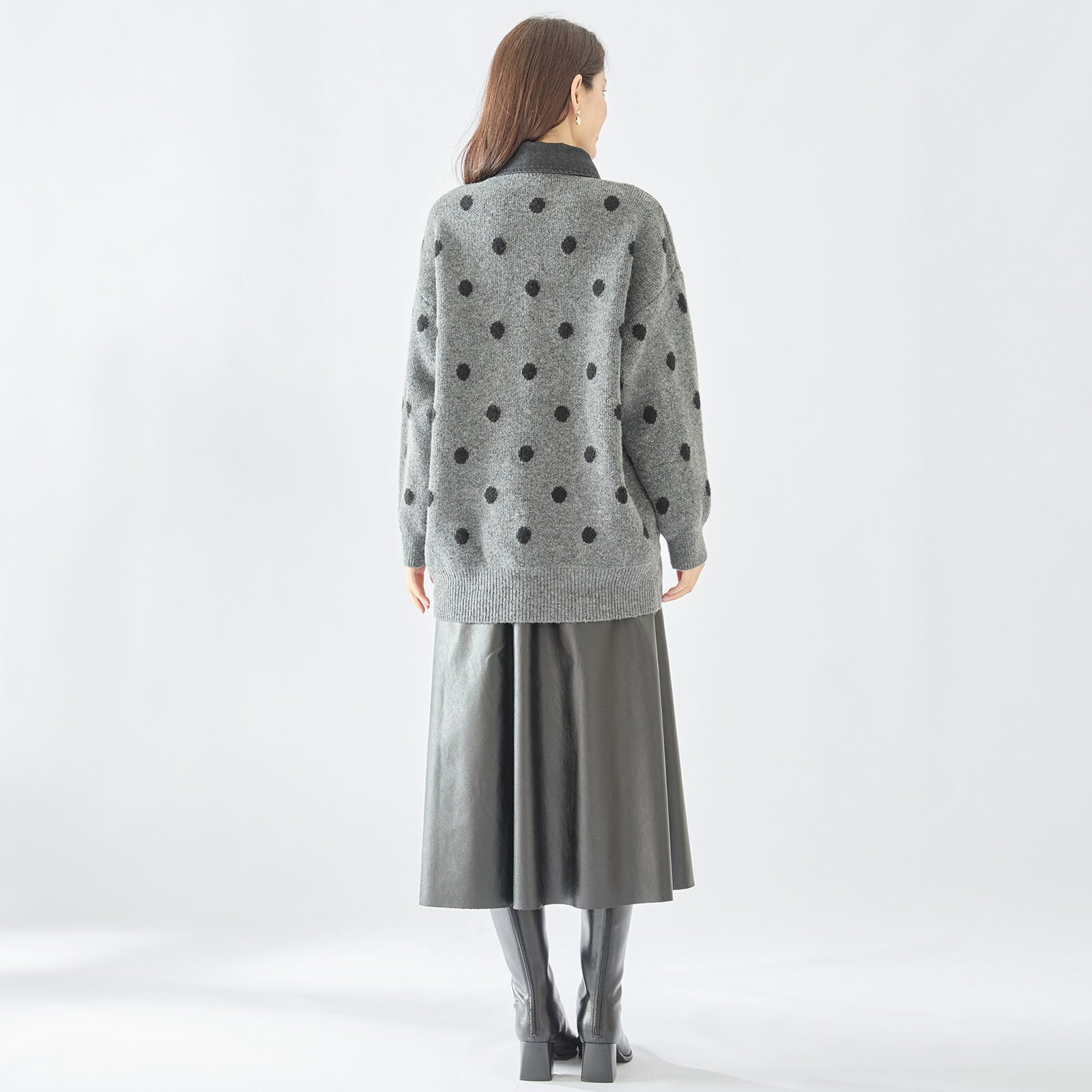 【レディース】【L〜LL】デニム衿使いドット柄ゆったりセーター
