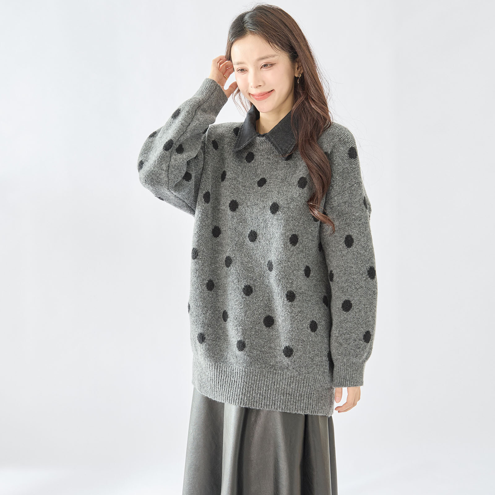 【レディース】【L〜LL】デニム衿使いドット柄ゆったりセーター