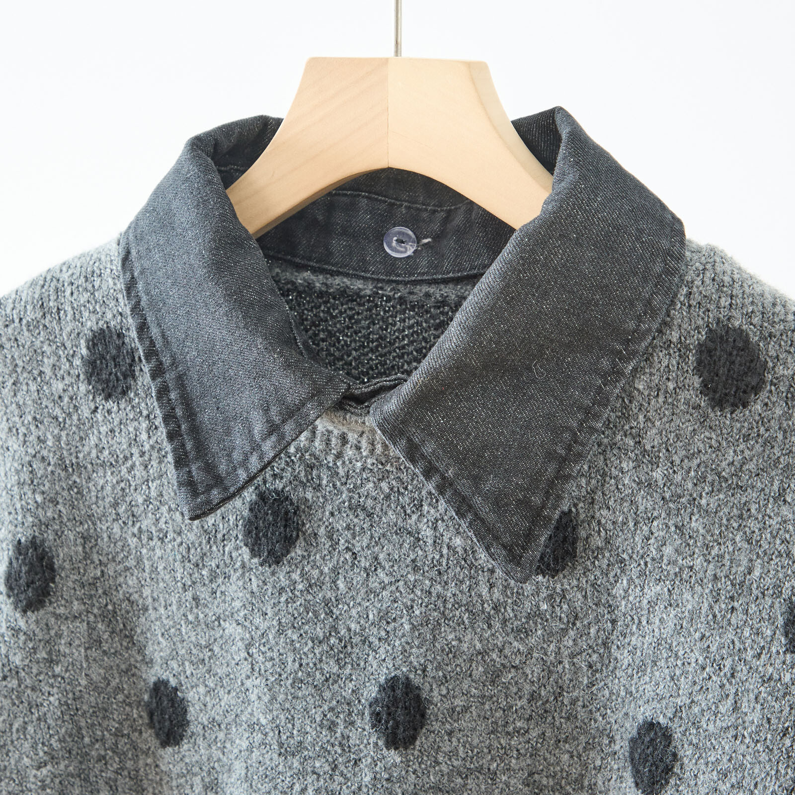 【レディース】【L〜LL】デニム衿使いドット柄ゆったりセーター