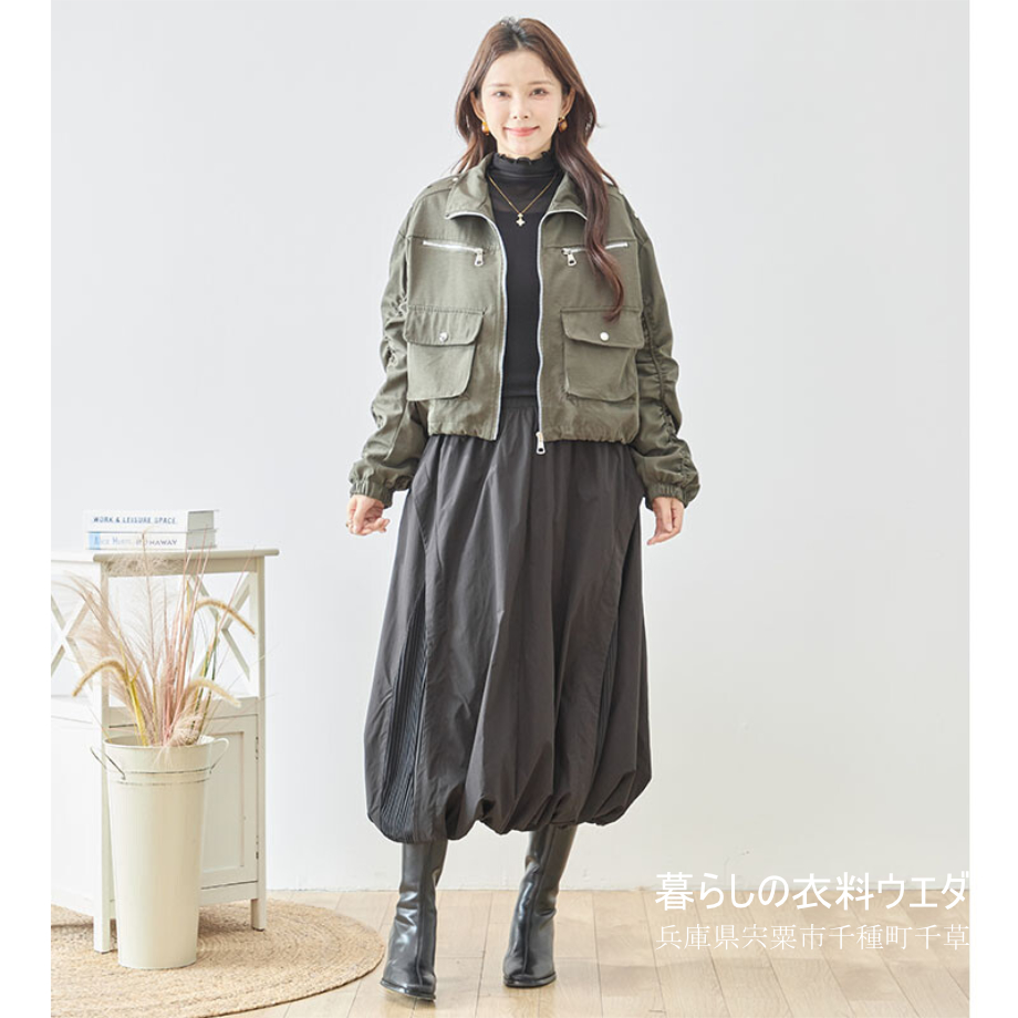 【レディース】【M～L】袖シャーリングミリタリーショート丈ブルゾン｜千種町ウエダ